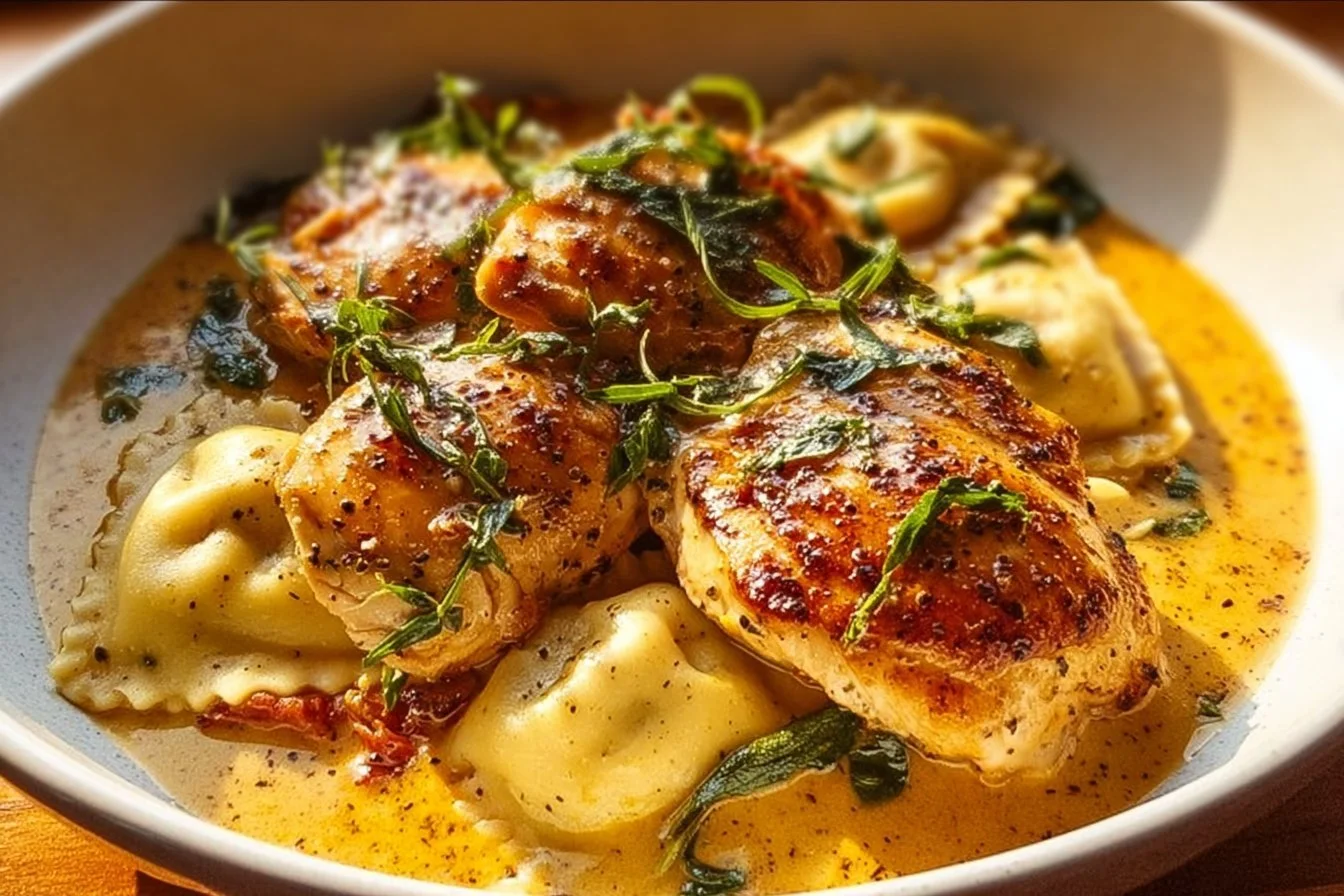 Marry Me Chicken and Ravioli 4 Delicious Marry Me Chicken served with ravioli, perfect for a romantic dinner.