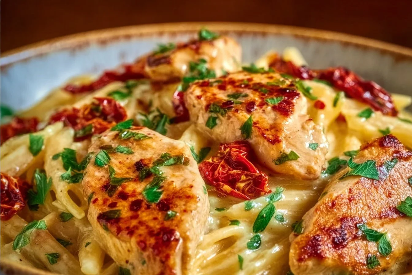 Marry Me Chicken Pasta with creamy sauce and herbs in a serving bowl