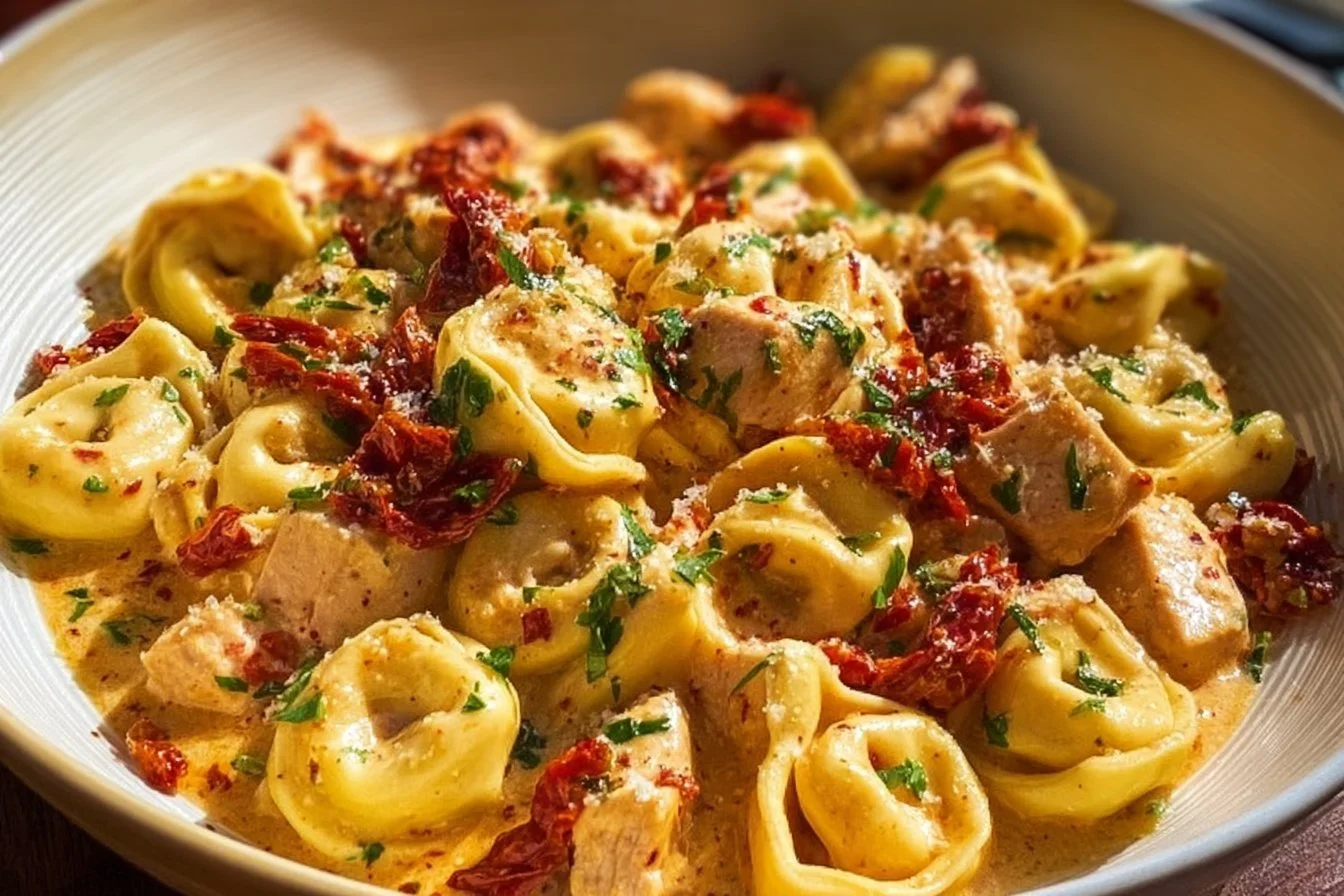 Marry Me Chicken Tortellini 4 Creamy Marry Me Chicken Tortellini pasta dish garnished with herbs