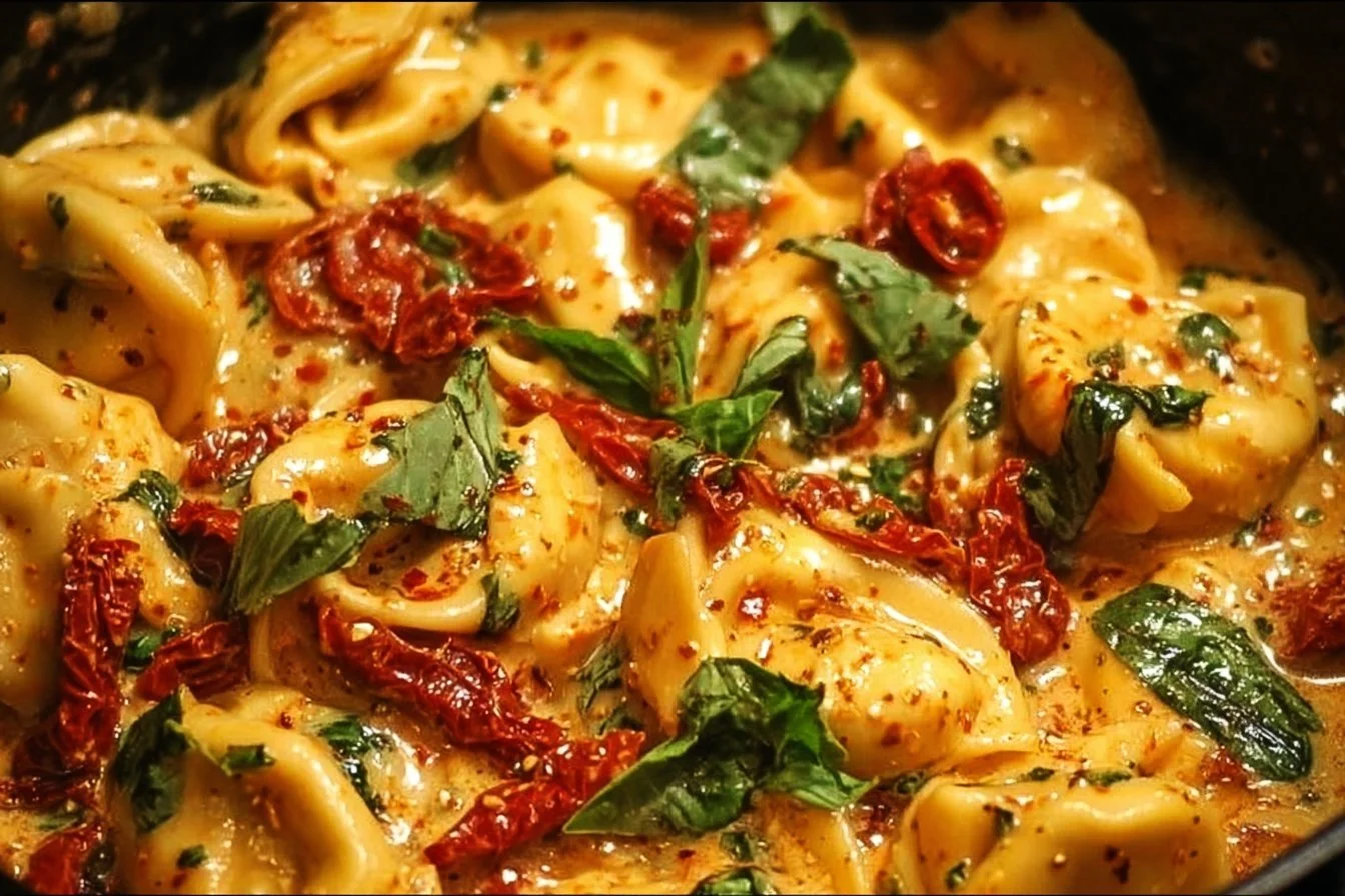 Delicious Marry Me Chicken Tortellini served with basil and parmesan cheese.