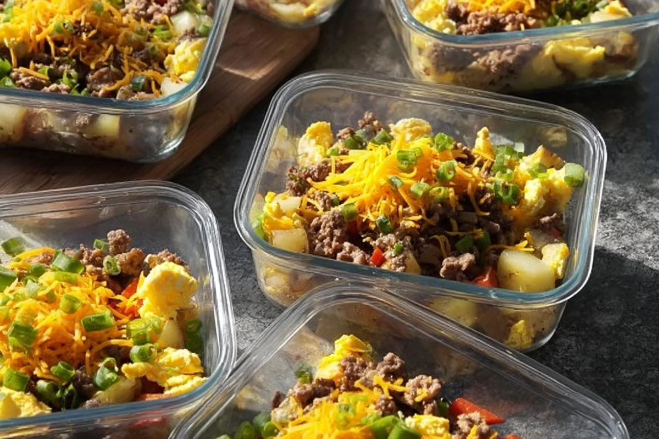 Colorful meal prep breakfast bowls filled with healthy ingredients.