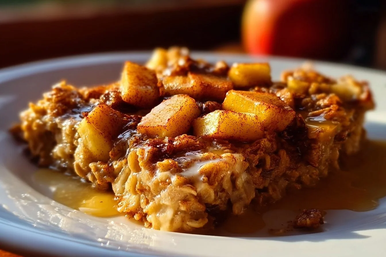 Baked oatmeal apple breakfast dish topped with cinnamon and nuts