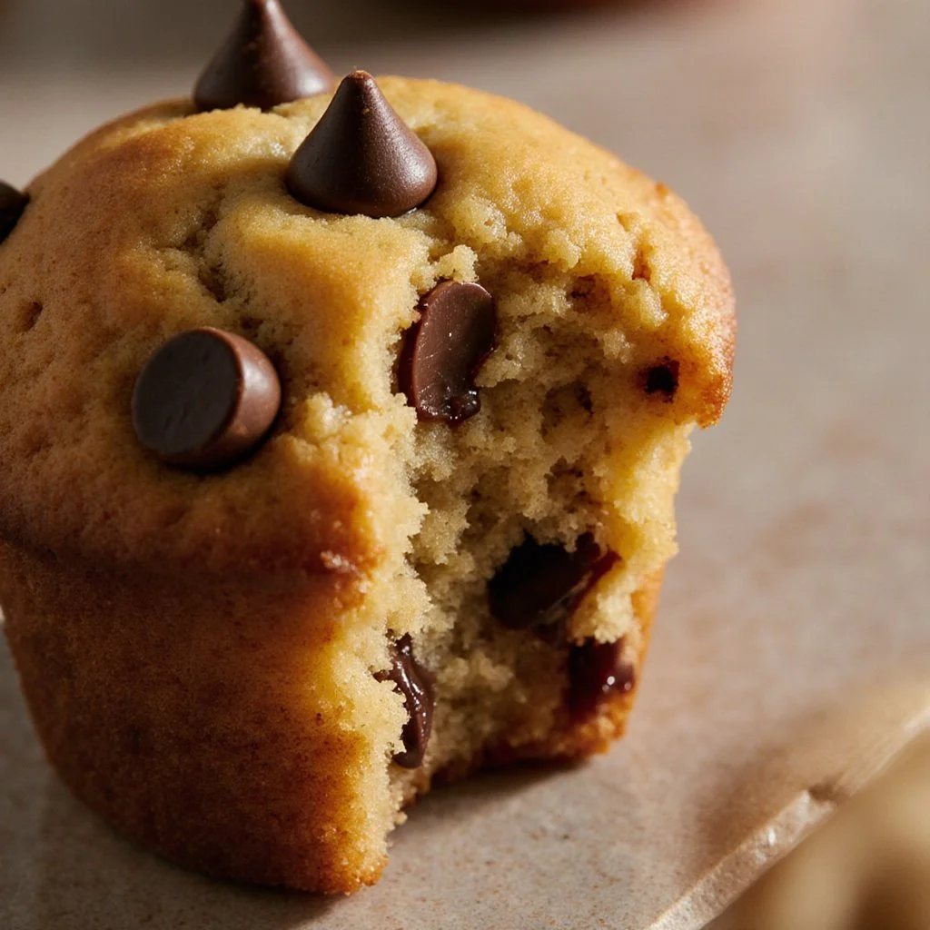 Oatmeal Chocolate Chip Breakfast Muffins 4 Oatmeal chocolate chip breakfast muffins on a wooden table, perfect for mornings.