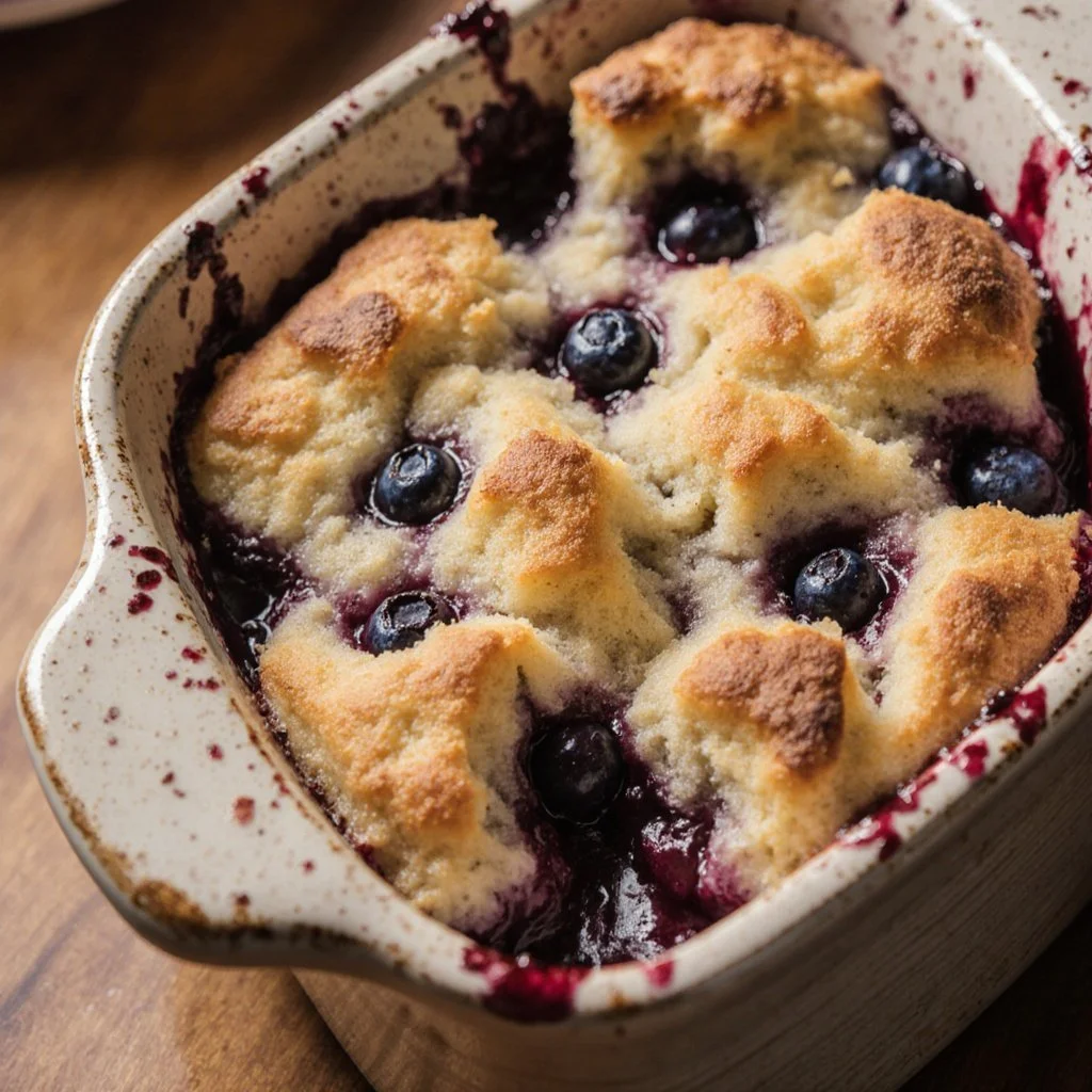 Baked blueberry cottage cheese breakfast dish topped with fresh blueberries.