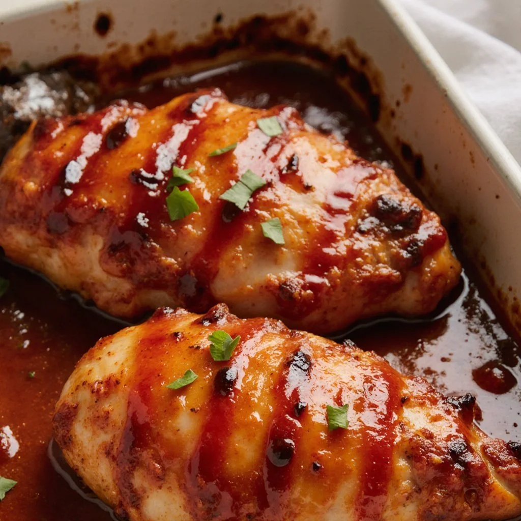 Delicious oven-baked BBQ chicken breasts served on a plate