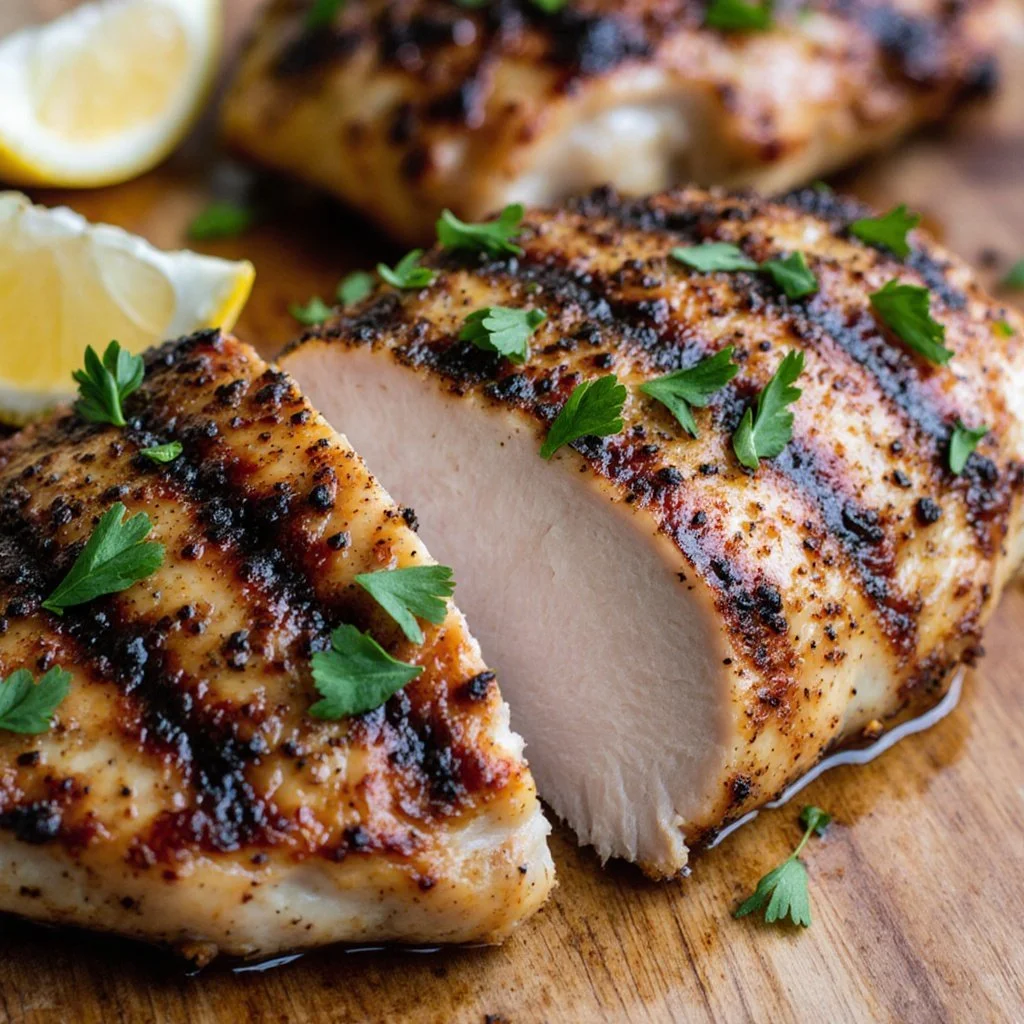 Oven baked chicken breast served with vegetables on a plate