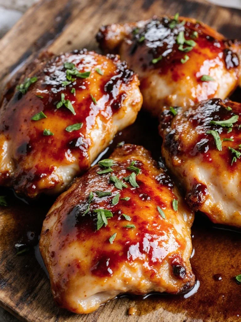 Oven Roasted BBQ Chicken 4 Juicy oven roasted BBQ chicken served on a plate with garnishes.
