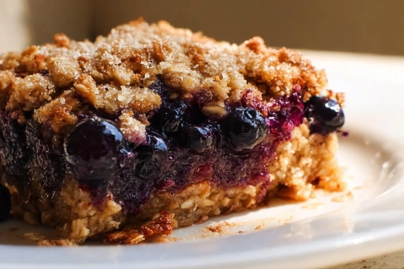 Bowl of overnight blueberry baked oatmeal topped with fresh blueberries and nuts