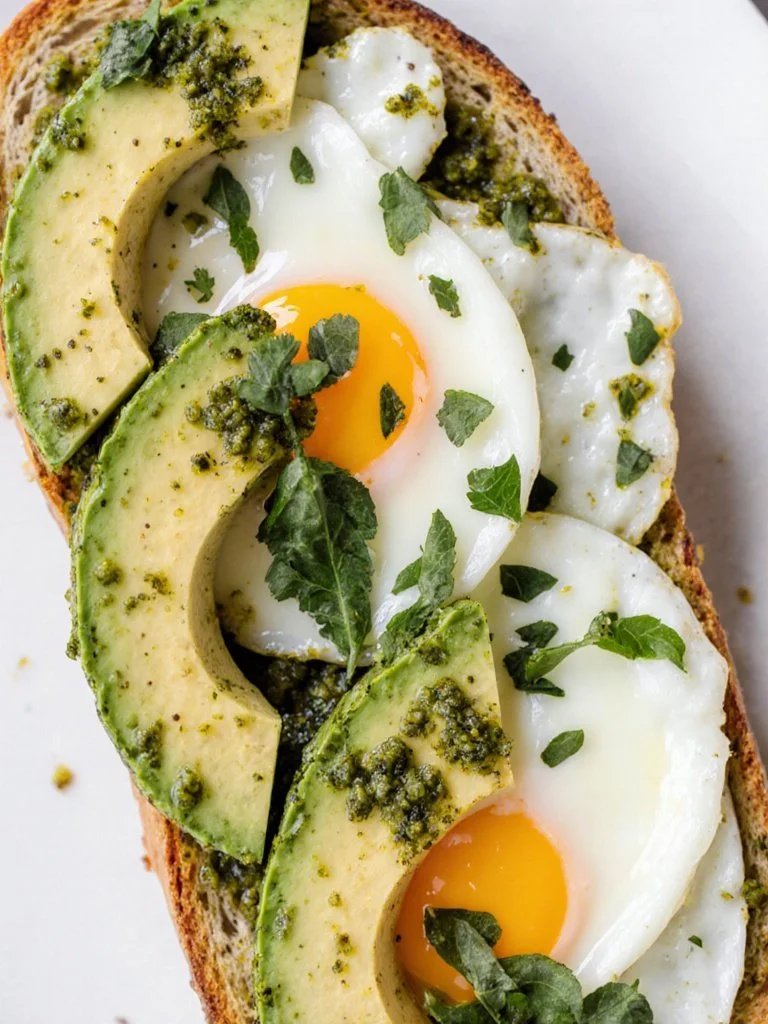 Delicious pesto avocado toast with eggs served on a plate