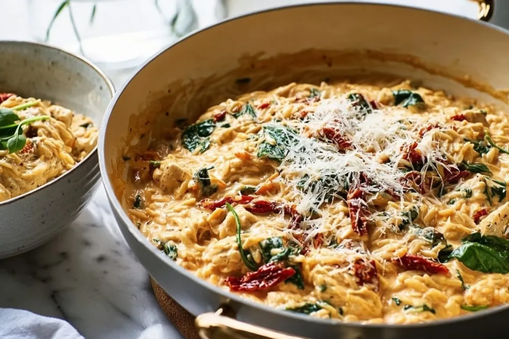 Plate of Marry Me Chicken Orzo garnished with herbs