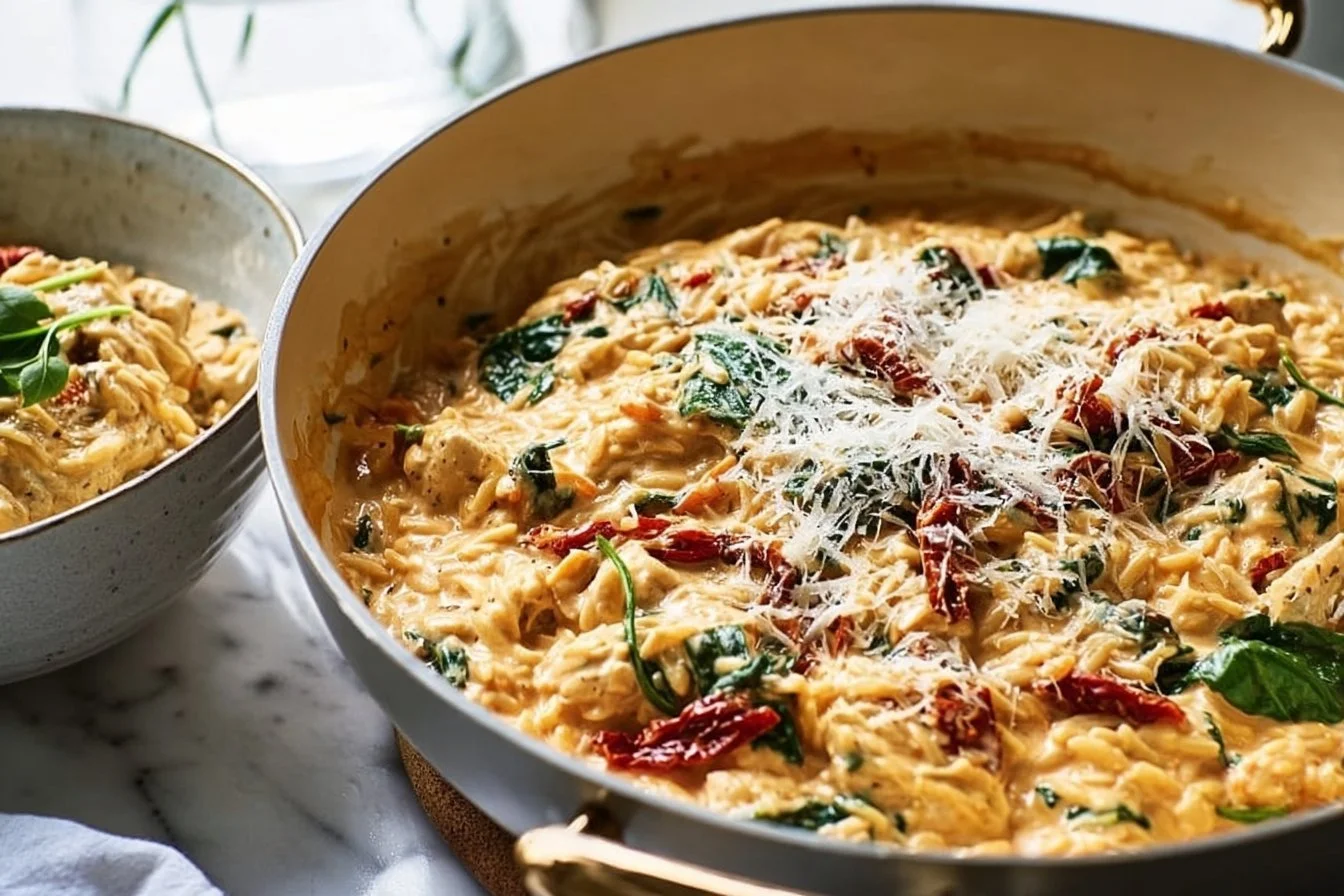 Plate of Marry Me Chicken Orzo garnished with herbs