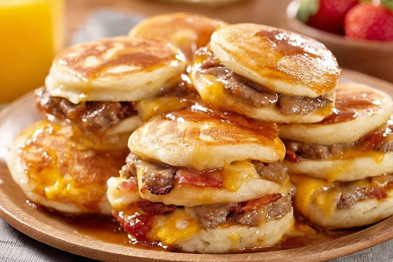 Delicious Sausage Pancake Bites served on a plate with syrup.