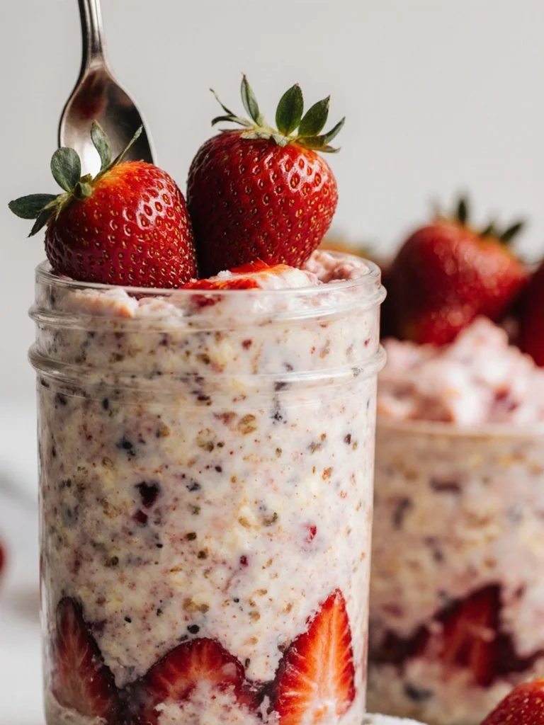 Bowl of Strawberry Cheesecake Overnight Oats topped with fresh strawberries