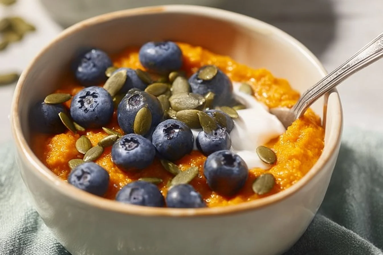 A colorful Sweet Potato Breakfast Bowl topped with fresh fruits and nuts.