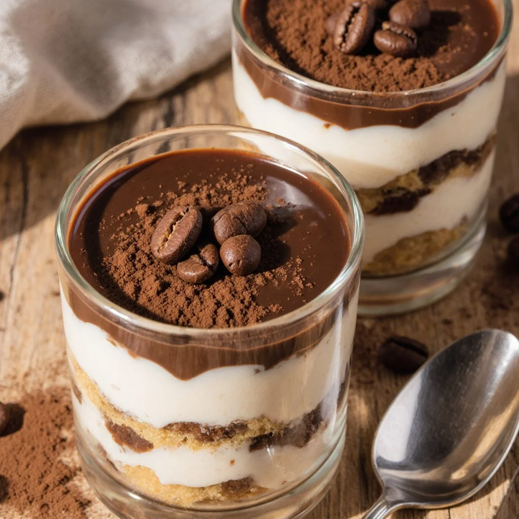 Creamy tiramisu chia pudding topped with Greek yogurt and chocolate shavings