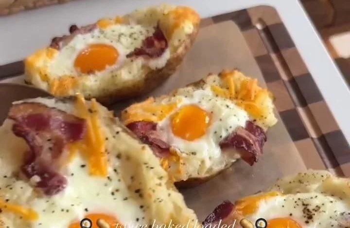 Twice Baked Loaded Breakfast Potatoes with cheese and toppings