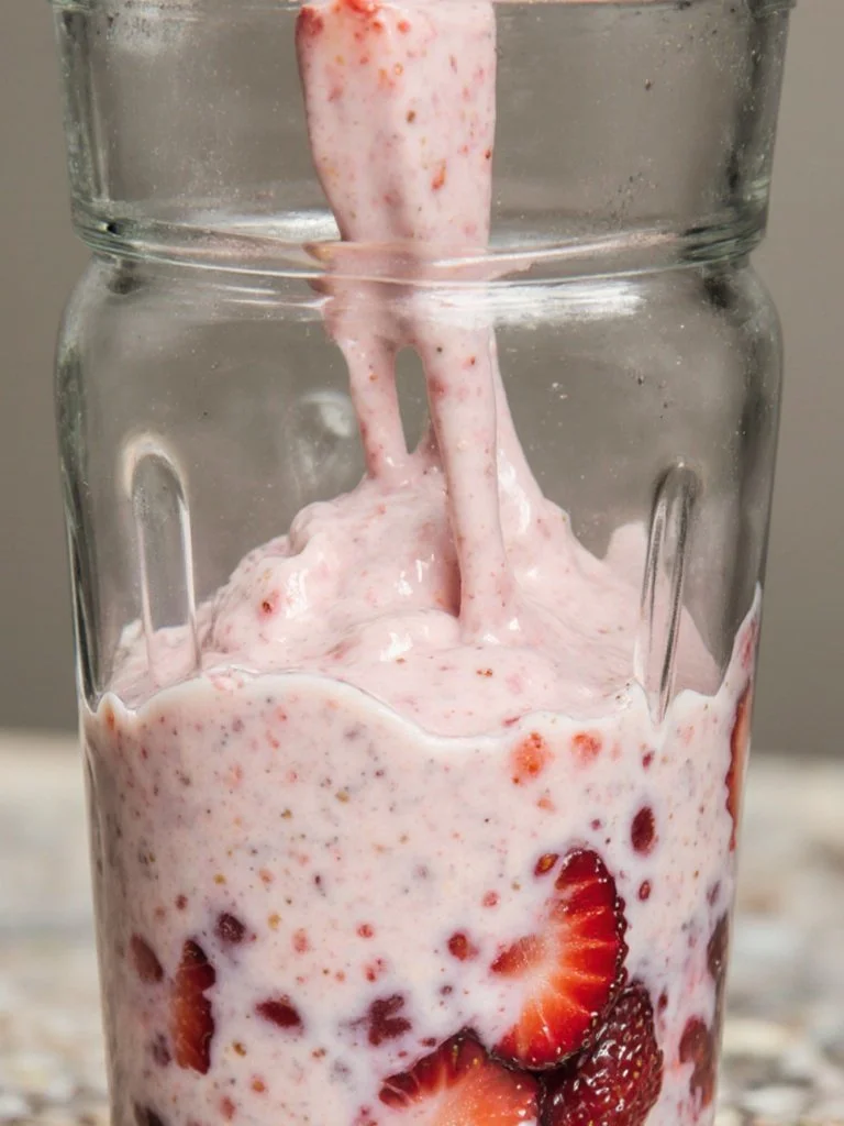 Delicious blended strawberry oatmeal topped with fresh berries and nuts
