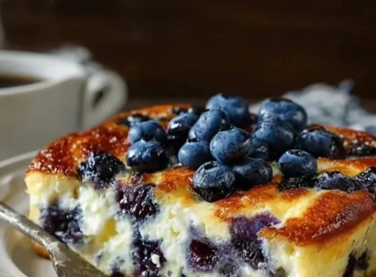 Blueberry Cottage Cheese Breakfast Bake served on a plate with fresh blueberries