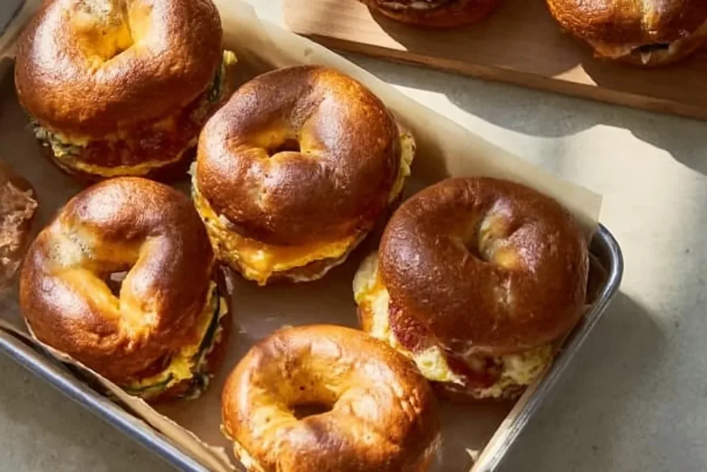 Delicious Cottage Cheese Frittata with Cheddar Bagel Sandwiches served on a plate.