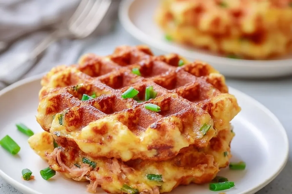 Healthy tuna melt chaffles recipe with cheese and tuna filling