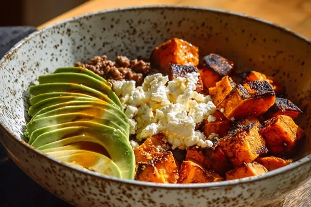 High protein hot honey beef bowl garnished with fresh vegetables and herbs.