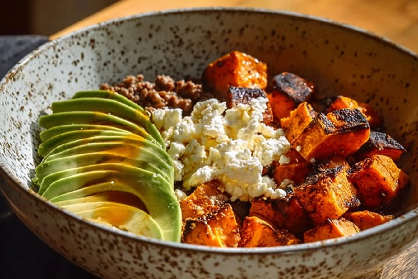 High protein hot honey beef bowl garnished with fresh vegetables and herbs.