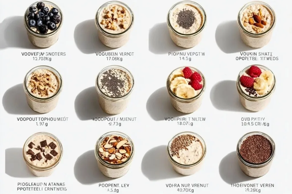 Bowl of high protein overnight oats topped with fruits and nuts
