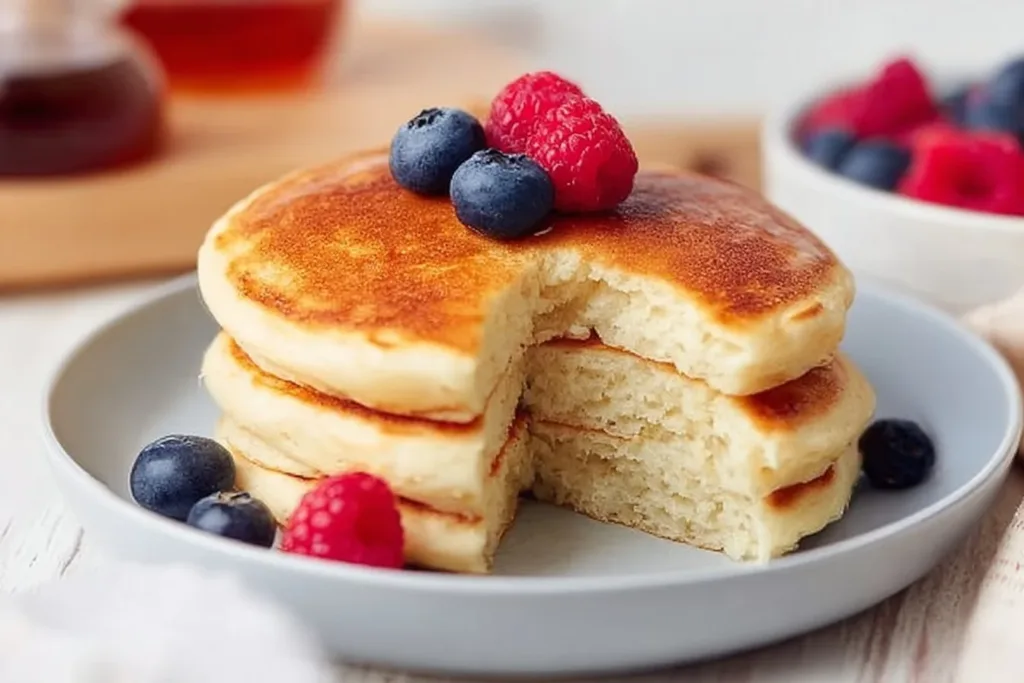 Stack of high protein pancakes topped with berries and syrup
