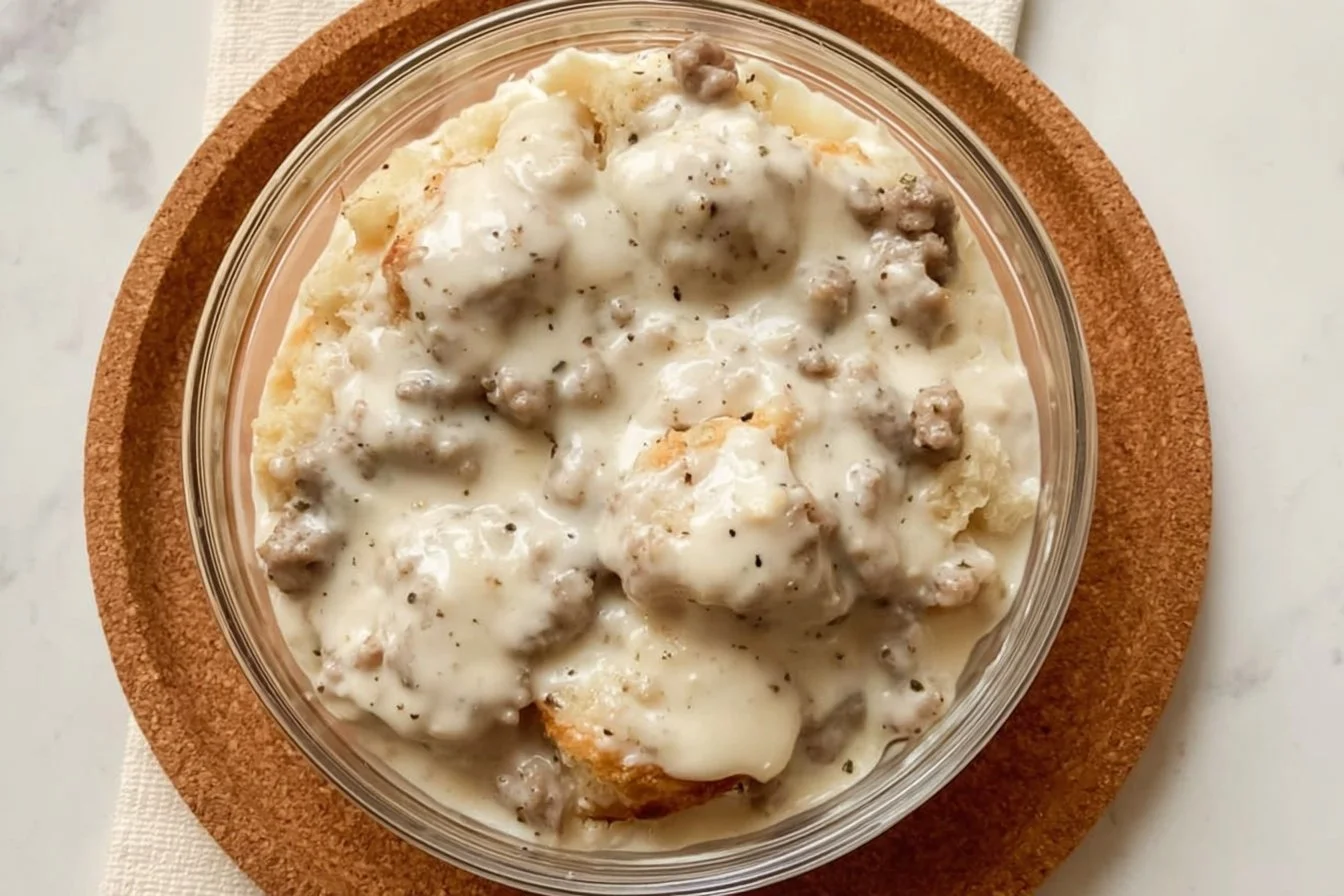 High protein biscuits served in a delicious biscuits and gravy bowl